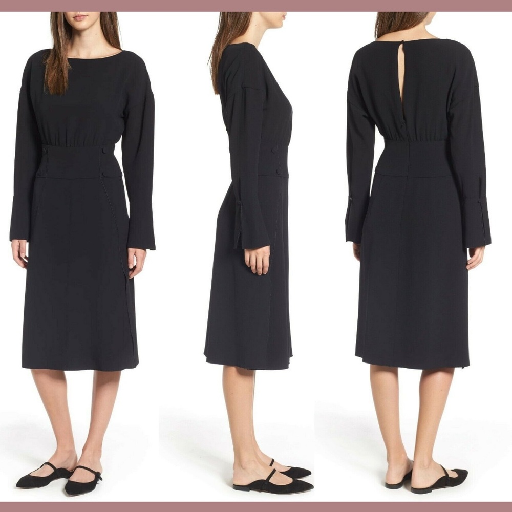 NWT‎ $449 Lewit Button Detail Matte Crepe Midi Dress in Black [SZ 4 ]